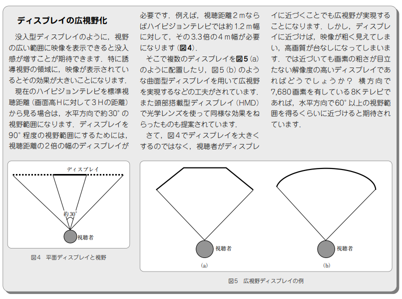NHKの8Kスーパーハイビジョンはこの文献にある「誘導視野」を画面で満たすのが目的だそう

視野角100度を16:9の画面で埋め尽くすには画面の高さ*0.75倍の距離から視聴しなくてはならず、その際に画面の粗さを感じなくなる解像度が7680x4320である。

とのこと

ite.or.jp/contents/keywo…