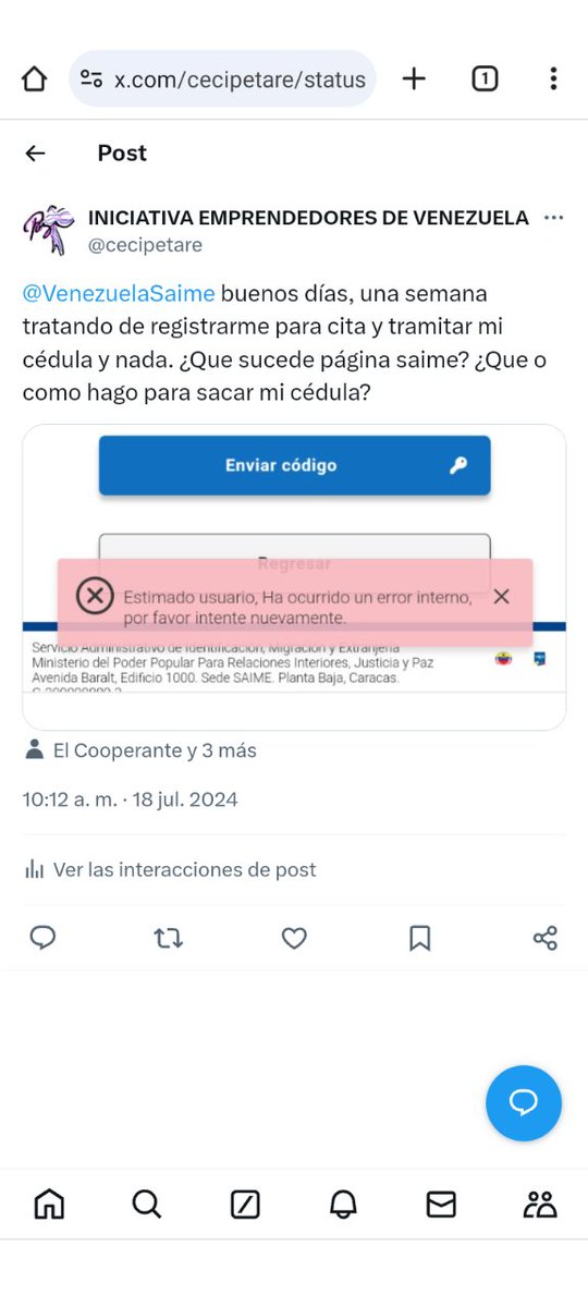 cecipetare's tweet photo. @VenezuelaSaime No puedo agendar cita el sistema no me deja https://t.co/uuZJBIIO3e