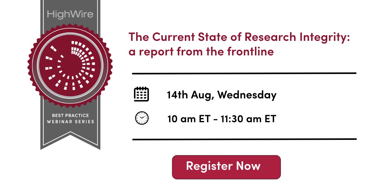 Join us on 14th Aug, 10 am ET for our next Best Practices Webinar on 'The Current State of Research Integrity: a report from the frontline' with speakers from STM Solutions, IEEE, &amp; FEBS Press.

Register:
us06web.zoom.us/webinar/regist…

#Webinar #ResearchIntegrity #ScholarlyPublishing