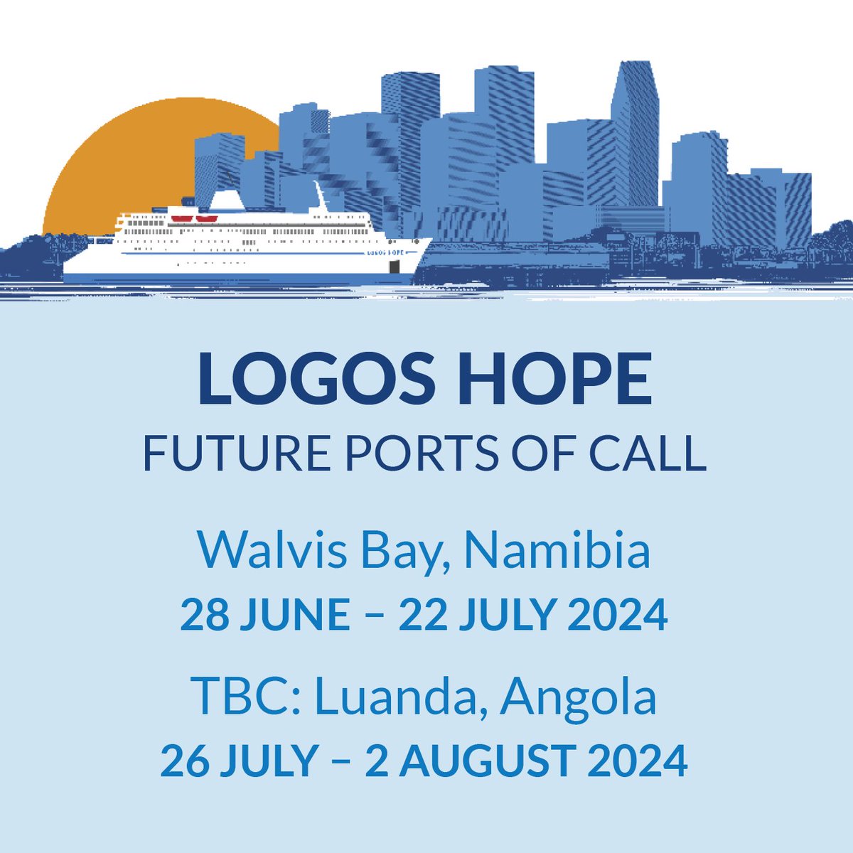 Logos Hope has started her journey in an exciting port, Walvis Bay! Stay tuned for highlights and memories from her time spent in Walvis Bay and for her possible next journey to Luanda, Angola. 

#LogosHope #WalvisBay
