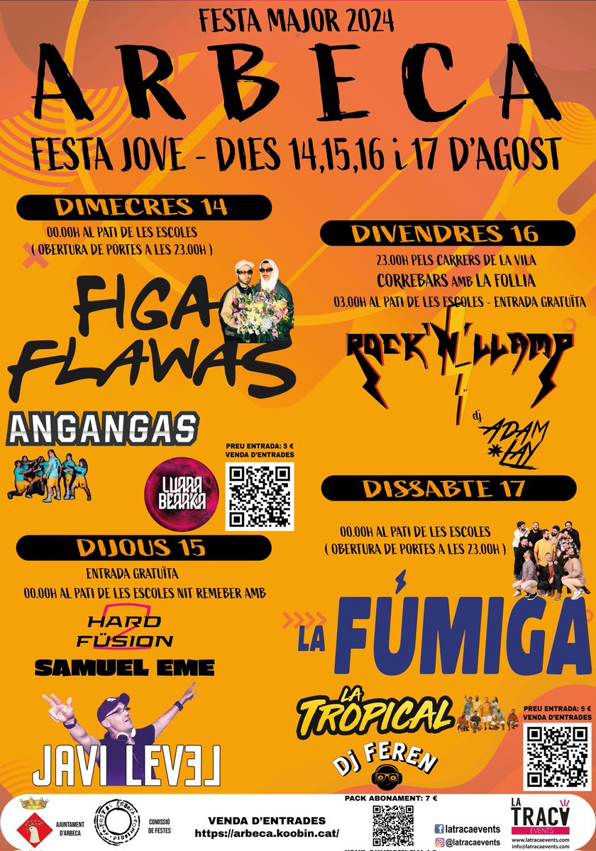 VallJordi's tweet photo. 🎉 Festa Major d'Arbeca: Nit Jove! 🎉
Ja estan a la venda les entrades pels concerts de Figa Flawas i La Fúmiga a Arbeca! 
No us perdeu aquesta oportunitat única de gaudir d'una nit plena de música i diversió! 🎶✨
Entrades a https://t.co/vROwAHPDWt https://t.co/LMjCtX5kvY