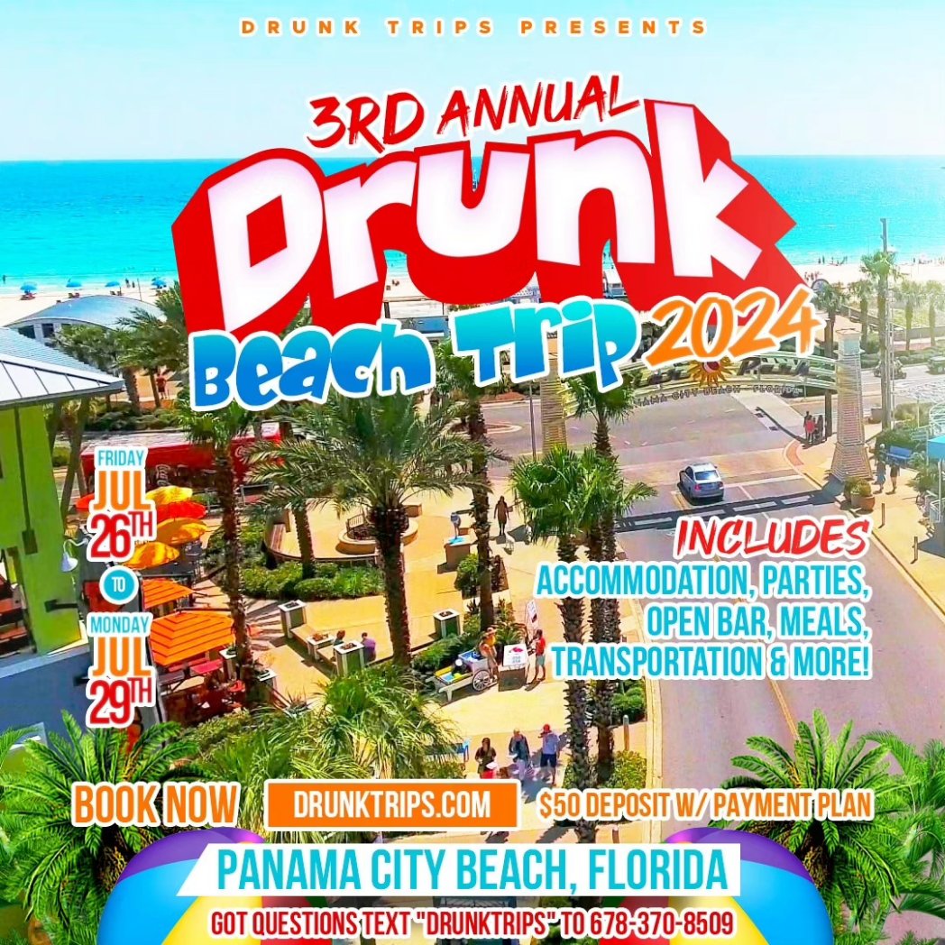 HushPoolParty's tweet image. #DrunkBeachTrip July 26-29th in PCB, FL
🎉 8 events
🍾 Open Bar
🍳 Daily Breakfast
🏨 3nts @ Beach Property
🚍 Transportation &amp;amp; More

📍 Panama City Beach, FL 🇺🇸 

🎫 Book Now at DrunkTrips.com [link in bio] 🎟 
📞 For more info: call/text 678-799-2349 📲