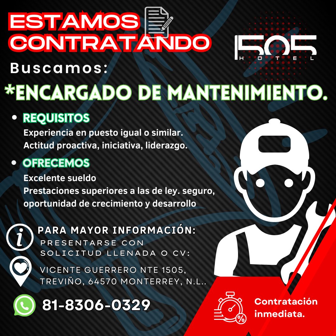 1505Hotel's tweet photo. ⚠️INTERESADOS: favor de presentarse  en las instalaciones del hotel de 10:00am a 6:00pm.

📝 con: INE, comprobante de domicilio, acta de nacimiento (todo en copia) solicitud de empleo o CV (llenado  en forma).

#empleomonterrey #trabajomonterrey #vacante #motel https://t.co/FdLIHcLetO