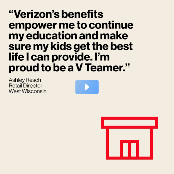 Verizon Retail Director Ashley Resch started her career in Verizon Retail 18 years ago. She moved from California to Wisconsin and is grateful for the perks that have helped her support her family and continue her education. bit.ly/48gSreV
 bit.ly/3Ls2vZh
