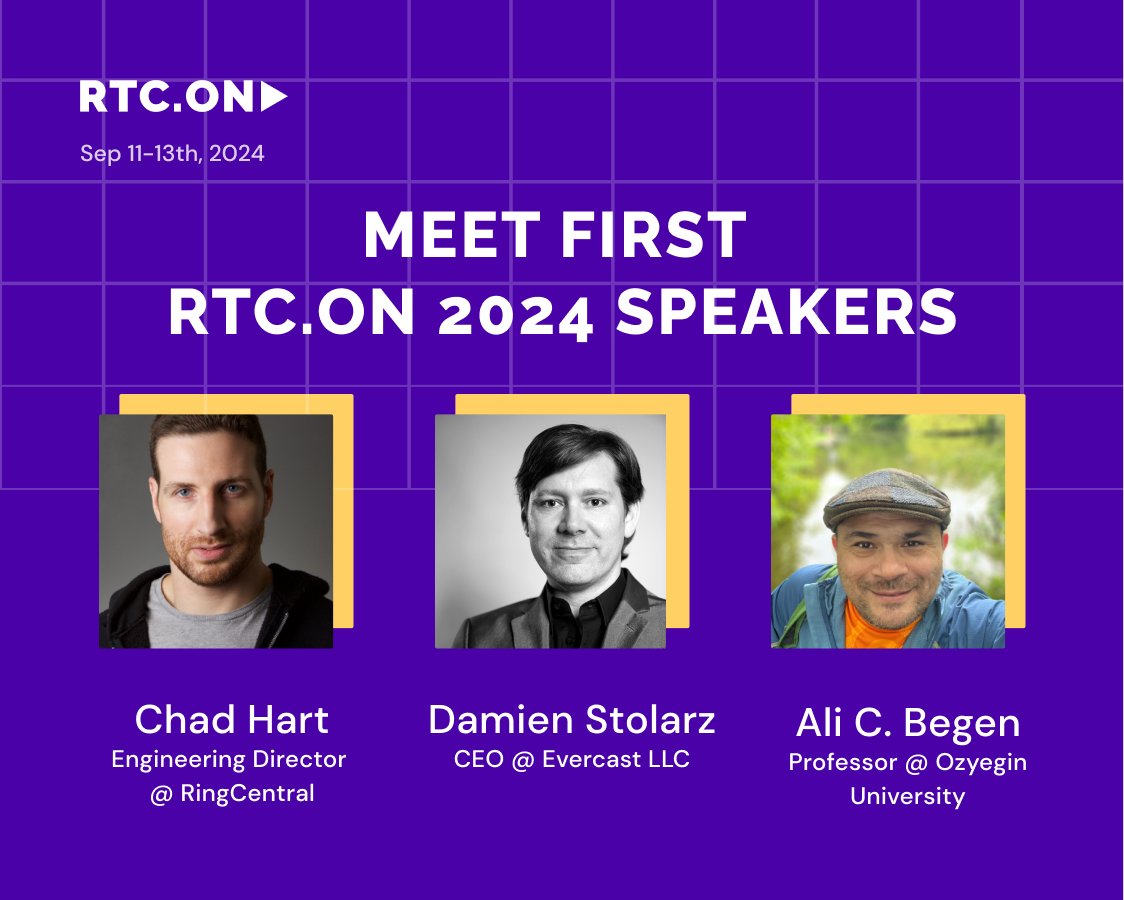 Membrane (@elixirmembrane) on Twitter photo 📣 It's finally the time: meet first RTC.ON 2024 speakers! 🎉
🎙️<a href="/chadwallacehart/">Chad Hart</a>, editior of webrtcHacks & director of engineering at <a href="/RingCentral/">RingCentral</a> will join us in September to do a thorough analysis of WebRTC developer dynamics
🎙️<a href="/EvercastUS/">Evercast</a> CEO <a href="/damienstolarz/">Damien Stolarz | Evercast | Robotarmy</a> will take the 📣 It's finally the time: meet first RTC.ON 2024 speakers! 🎉
🎙️<a href="/chadwallacehart/">Chad Hart</a>, editior of webrtcHacks & director of engineering at <a href="/RingCentral/">RingCentral</a> will join us in September to do a thorough analysis of WebRTC developer dynamics
🎙️<a href="/EvercastUS/">Evercast</a> CEO <a href="/damienstolarz/">Damien Stolarz | Evercast | Robotarmy</a> will take the