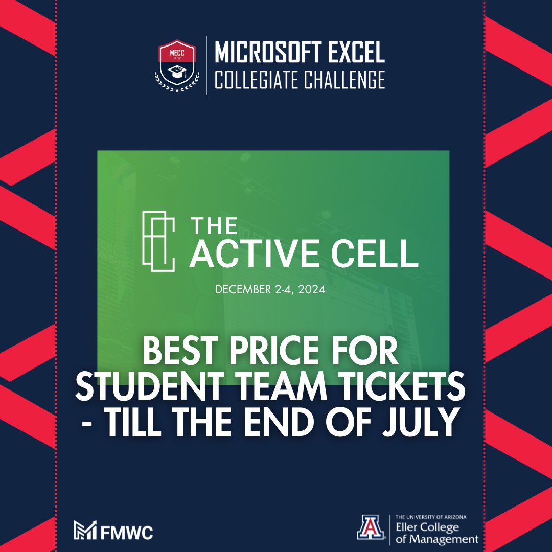 mecc_college's tweet image. 🌟 Calling Schools & College Ambassadors! 🌟
Secure spots for your students at the lowest prices for the Active Cell Training Camp featuring the Microsoft Excel Collegiate Challenge 2024 Finals!
See you in Vegas! 🥳 #MECC2024 #ExcelChallenge