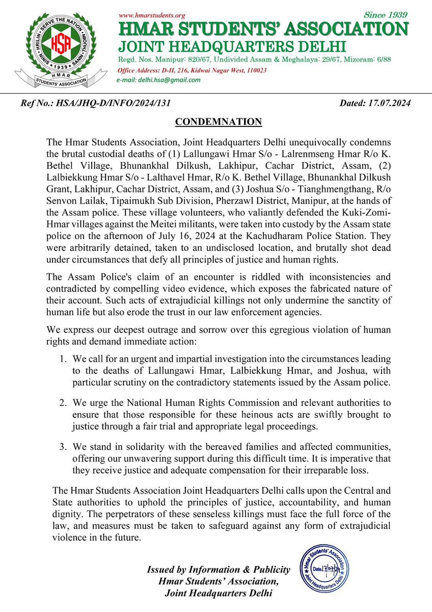 DrLamtinthangHk's tweet photo. I strongly and unequivocally condemned the arbitrary detained, tortured and extra-judicial killing of the three Hmar Village Volunteers after they were taken to Police custody at Kachudharam Police Station on 16 July, 2024. This barbaric act of Assam Police, under any circumstances, must be brought to justice. #WeDemandJustice

@rashtrapatibhvn @HMOIndia @INCIndia @_INDIAAlliance @CMOfficeAssam @Lal_Duhoma @GauravGogoiAsm @UNHumanRights @hrw @DGPAssamPolice @INCAssam @TeestaSetalvad @adgpi @PTI_News