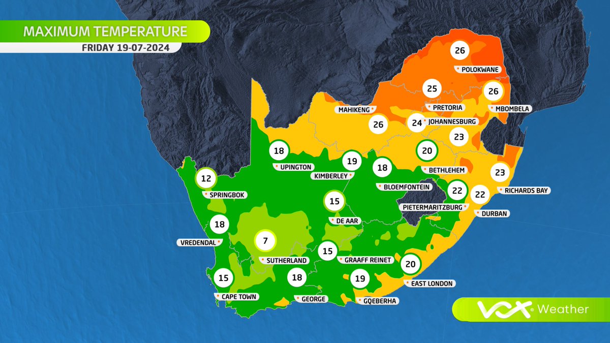 VoxWeatherZa's tweet photo. WEATHER MAPS and WARNINGS for this FRIDAY – 19 July 2024

‍☔ Another cold front to bring scattered showers to the Cape Metropole, Winelands and Overberg.

Meteorologist Annette Botha LIVE at 6pm on Vox Weather

#Voxweather #coldfront #showers https://t.co/3xSDhnvDFA
