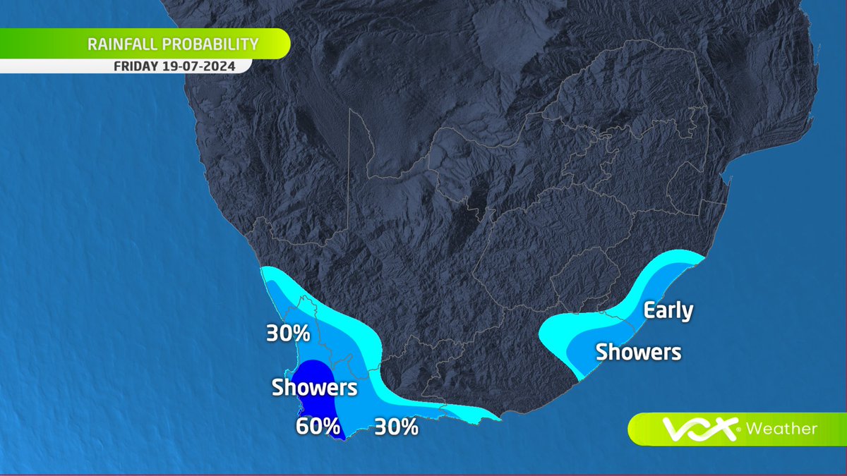 VoxWeatherZa's tweet photo. WEATHER MAPS and WARNINGS for this FRIDAY – 19 July 2024

‍☔ Another cold front to bring scattered showers to the Cape Metropole, Winelands and Overberg.

Meteorologist Annette Botha LIVE at 6pm on Vox Weather

#Voxweather #coldfront #showers https://t.co/3xSDhnvDFA