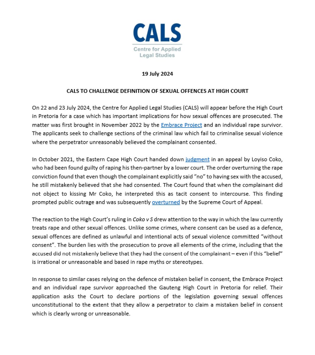 CALS_ZA's tweet photo. On 22 and 23 July, CALS will be appearing in the High Court for an important case on sexual violence. We argue that consent should be removed from the definitions of sexual offences so the onus is not on victims to show they did not consent

Read more: https://t.co/10k13ytuMl https://t.co/jYWuCaGTMc