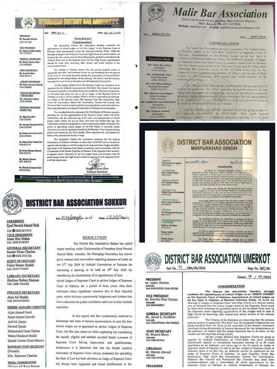 “فارم 47 ایڈہاک ججز نامنظور “

Really appreciate the 
efforts of the Bar Associations for standing at the right side of History. 

14 Bar Associations in Sindh Provice have issued Resolutions/Condemnations protesting the Appointment of ad-hoc judges in Supreme Court of Pakistan.