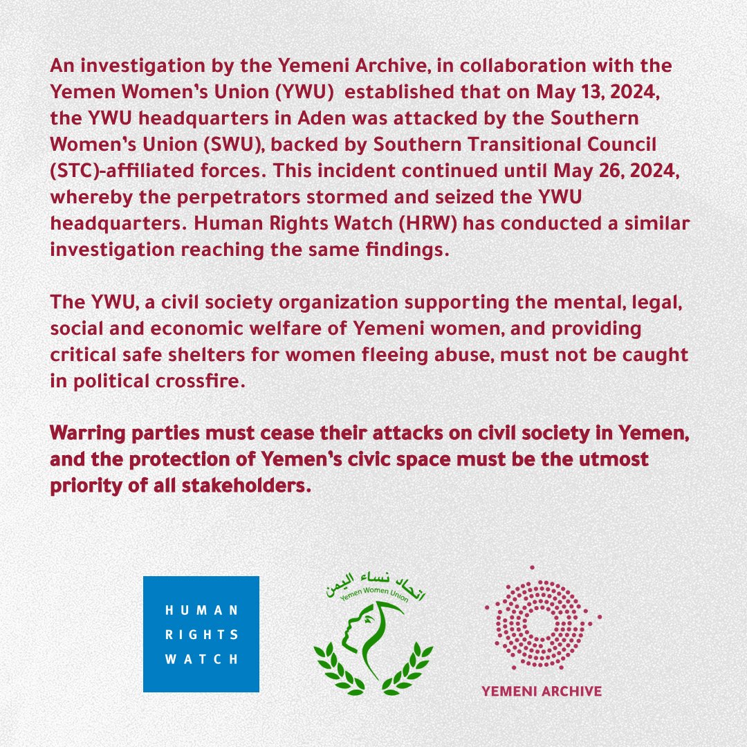 YemeniArchive's tweet photo. An #OpenSourceInvestigation by YA and @yemenwomenunion  revealed that the YWU HQ in Aden was attacked and seized by the SWU with STC-affiliated forces. Investigations by @hrw  confirm these findings. The YWU and civil society in #Yemen must not be caught in political crossfire. https://t.co/1J0VKYtqsD