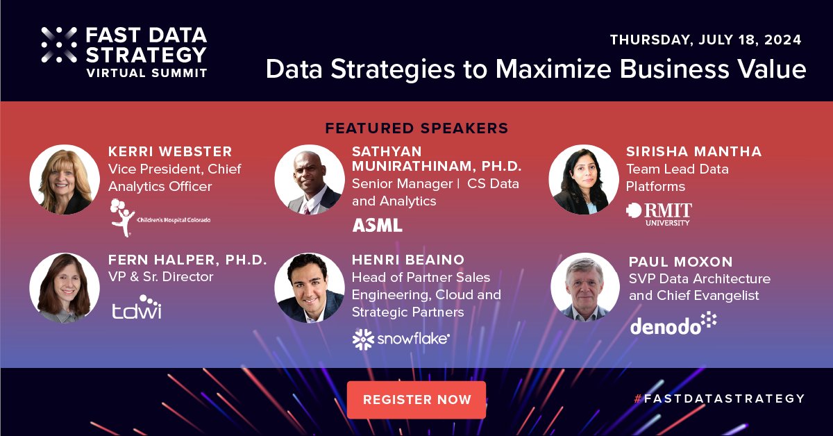 denodo's tweet image. Are you ready? We start in 1 hour! #FastDataStrategy Virtual Summit #AMERICAS is back! Join industry leaders from organizations including @TDWI, @SnowflakeDB, @ChildrensColo, @ASMLcompany, @RMIT, and #Denodo, and hear first-hand from industry analysts, thought leaders, and peers