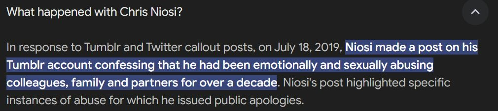 // TW: sexual assault, SA

Moze's EN VA, Chris Niosi, has admitted to abuse sexually of colleagues and tried to take advantage of an ex while she was drunk.

Don't shut up about this, make it reach HoyoVerse and hopefully - they will replace this scumbag.