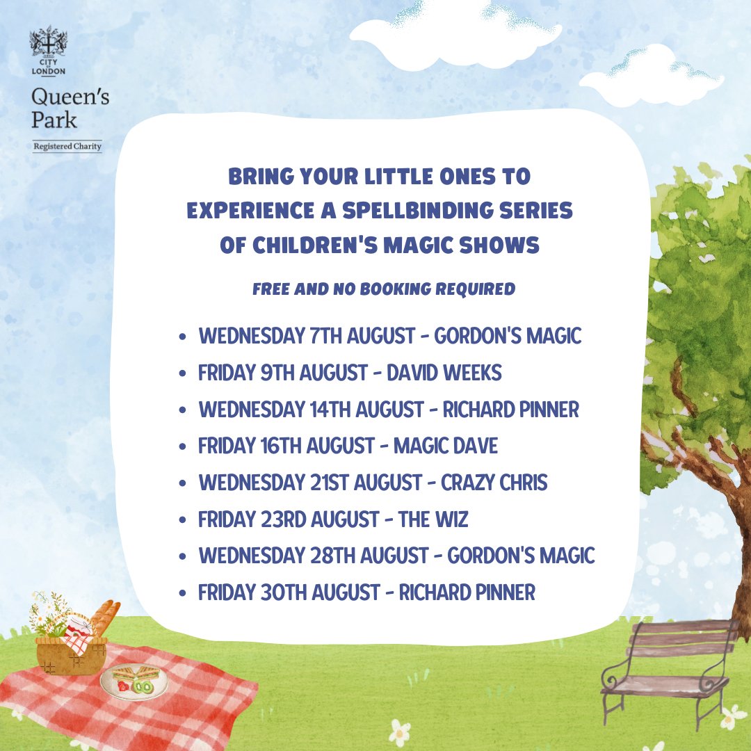 ✨ Join us for 'Magic &amp; Marvels in Queen's Park'! 
Bring your little ones to experience a spellbinding series of children's magic shows from talented magicians. Fun for all ages, FREE and no booking required.

📅 Every Wednesday &amp; Friday from 3PM
📍 Field of Hope in Queen's Park
