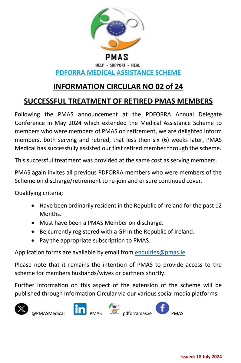 PMAS - PDFORRA Medical Assistance Scheme (@pmasmedical) on Twitter photo PMAS Information Circular No 02 of 24 Following the extension of the scheme at the @PDFORRA
ADC in May, less than six (6) weeks later we have successfully assisted our first retired member access treatment
#HelpSupportHeal #FirstToServe
<a href="/kingsbridgehosp/">Kingsbridge Private Hospital</a> <a href="/ANSACCU/">ANSACCU</a> <a href="/defenceforces/">Óglaigh na hÉireann</a> PMAS Information Circular No 02 of 24 Following the extension of the scheme at the @PDFORRA
ADC in May, less than six (6) weeks later we have successfully assisted our first retired member access treatment
#HelpSupportHeal #FirstToServe
<a href="/kingsbridgehosp/">Kingsbridge Private Hospital</a> <a href="/ANSACCU/">ANSACCU</a> <a href="/defenceforces/">Óglaigh na hÉireann</a>