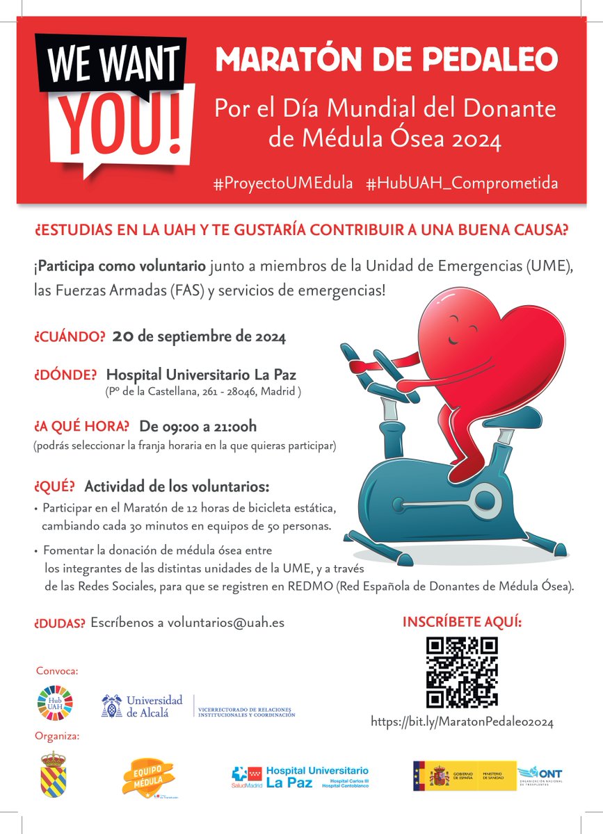 Anímate a participar en el Maratón de Pedaleo del próximo 20 de septiembre para ayudar a sensibilizar sobre la médula ósea. Toda la información en voluntarios@uah.es.