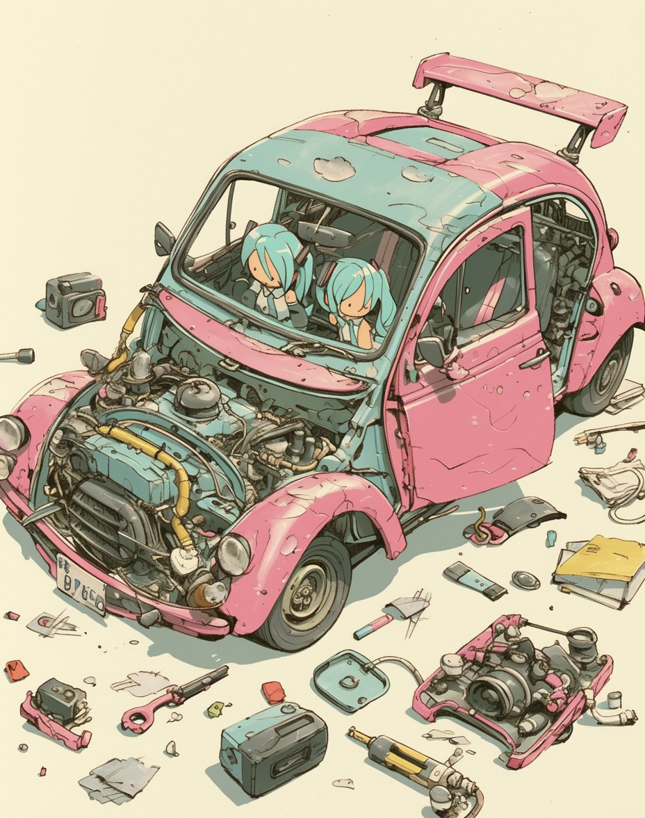 AIBikeShop's tweet image. #AIArt
#シトロエン
#2CV
#初音ミク
🟢free AI Art.
ミク「壊れたね」
黒ミク「うん、壊れた」
ミク「どうしようか?」
黒ミク「うん、どうしよう」
2CVにウイング付けて走って壊してしまったようです。
Model　初音ミク＆黒ミク