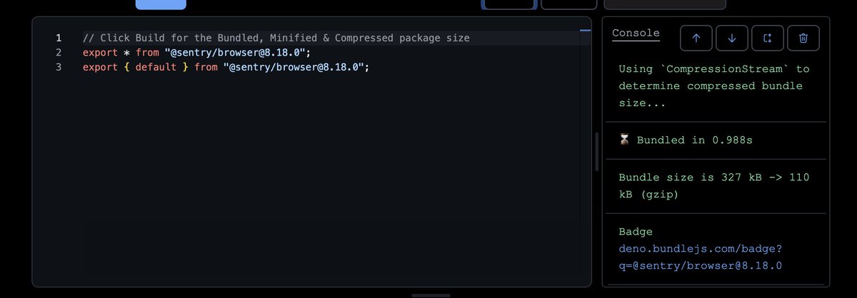 Is there really nothing better out there than Sentry for error tracking? Does anybody actually use anything else? 110kb of absolute nonsense for error tracking + tracing bundlejs.com/?q=%40sentry%2… <a href="/JoviDeC/">jovi 🐨</a> <a href="/marvinhagemeist/">Marvin Hagemeister ⚛️</a> anything you've used?