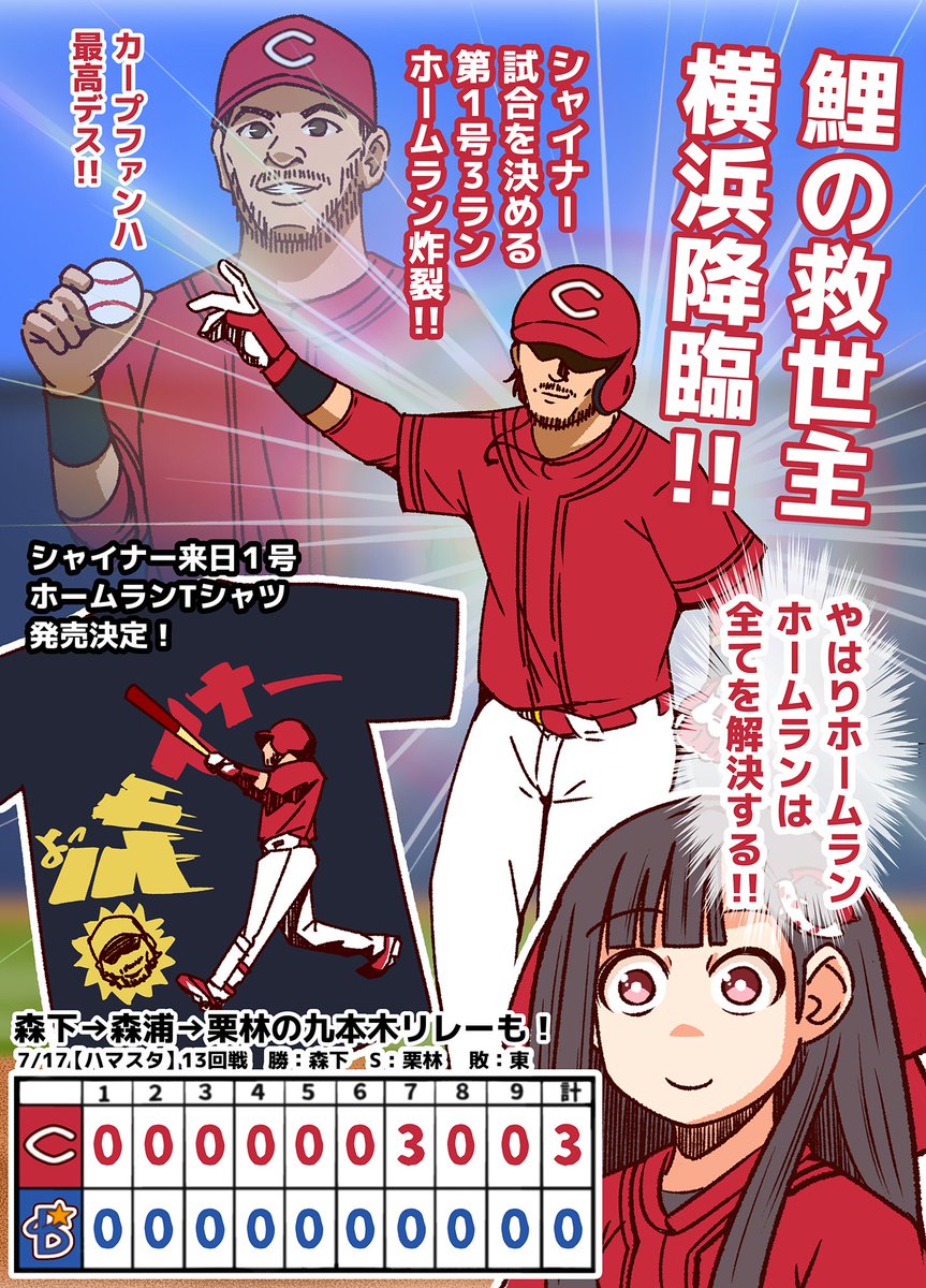 #それいけ鯉依奈ちゃん 2024 第31話『鯉の救世主 シャイナー降臨』  難敵、東投手。開幕8連勝という凄まじい成績で立ちはだかる。しかし、新井監督は打者森下の打力を信じ8番森下を起用!カープの忌まわしき記憶、ウィーランドをやりかえす。  そしてカープの秘密兵器、シャイナーが輝く時が来た。