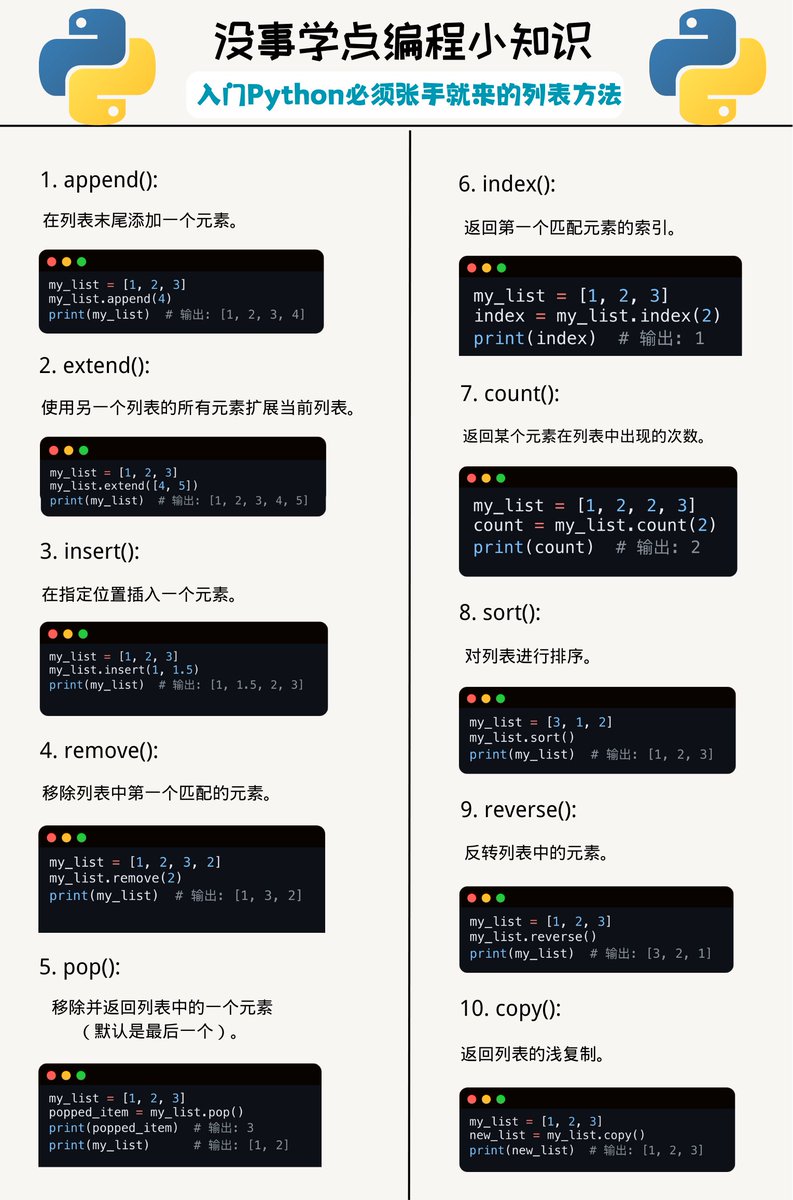没事学点编程小知识：
入门Python必须张手就来的列表方法⬇️
#编程小知识