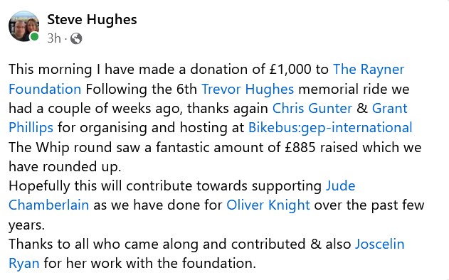 The Rayner Foundation (@raynerfnd) on Twitter photo Big thanks to <a href="/Stevehughes1000/">⚡ Steve Hughes ⚡</a> and friends who had a great day out remembering Trevor and supporting the #Raynerfoundation and their local riders ! Big thanks to <a href="/Stevehughes1000/">⚡ Steve Hughes ⚡</a> and friends who had a great day out remembering Trevor and supporting the #Raynerfoundation and their local riders !