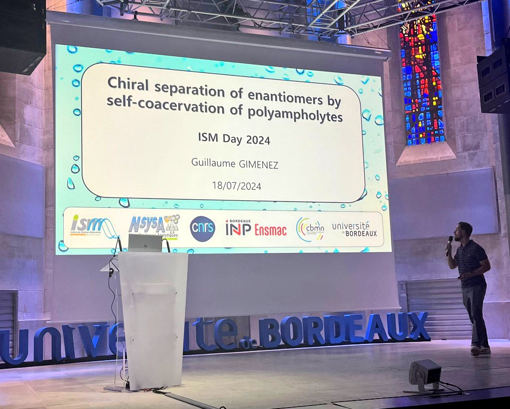 And the 3rd oral communication of the afternoon is proposed by Guillaume Gimenez (NSysA <a href="/NSysA_Research/">NSysA - ISM</a>), who uses coacervates to separate enantiomers.