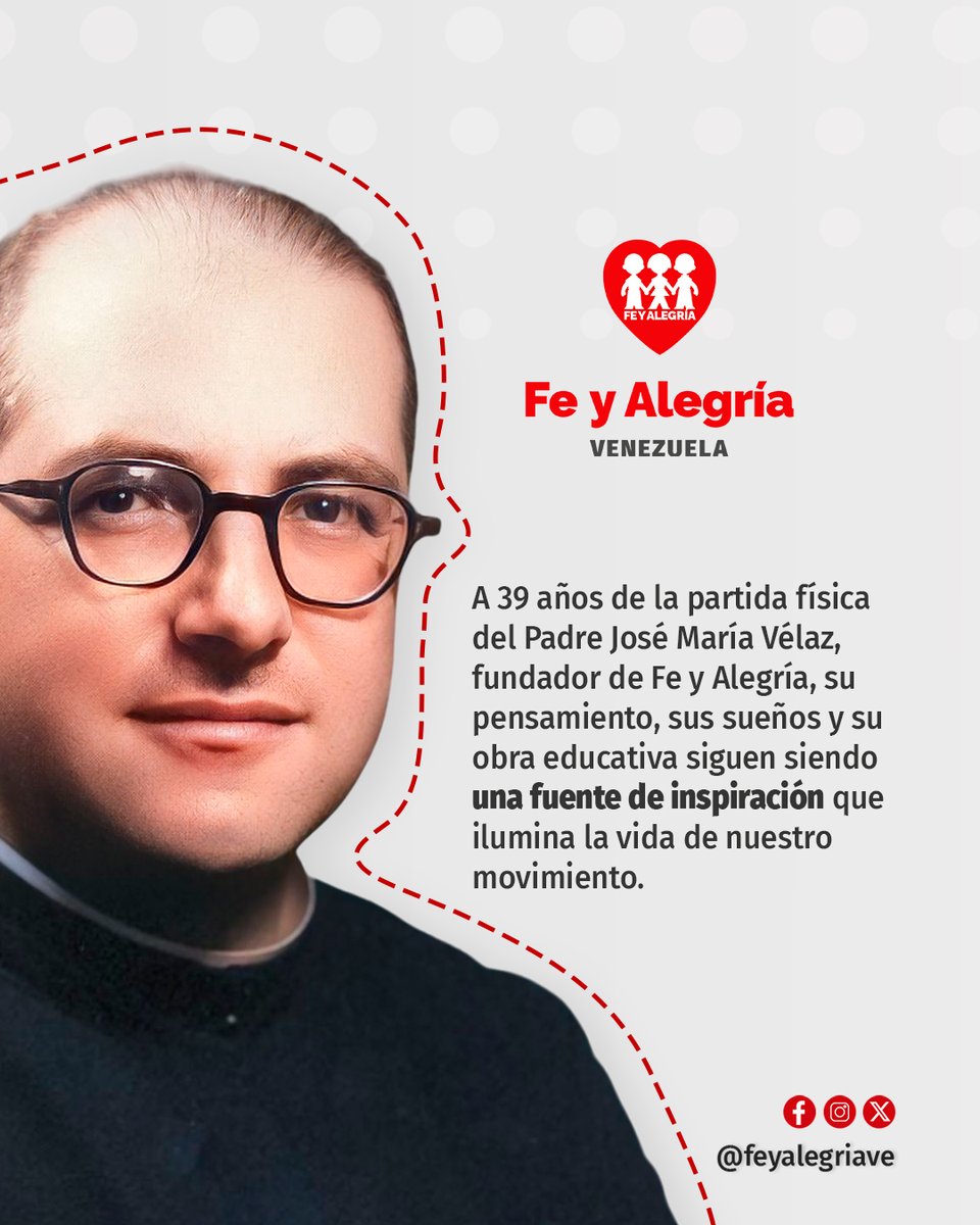 FeyAlegriaVE's tweet photo. Este #18Jul se cumplen 39 años de la partida física de nuestro fundador, el Padre José María Vélaz🕊️. 

Hoy, les recordamos que unidos podemos seguir construyendo el sueño del P. Vélaz: un mundo donde la educación sea la llave para un futuro mejor. https://t.co/jrkwjaJPI4