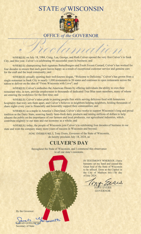 DanRShafer's tweet photo. Recognizing their 40th anniversary, @GovEvers has proclaimed today to be CULVER'S DAY in the state of Wisconsin. 

Heres' the official proclamation: https://t.co/lmmuGkwdQz