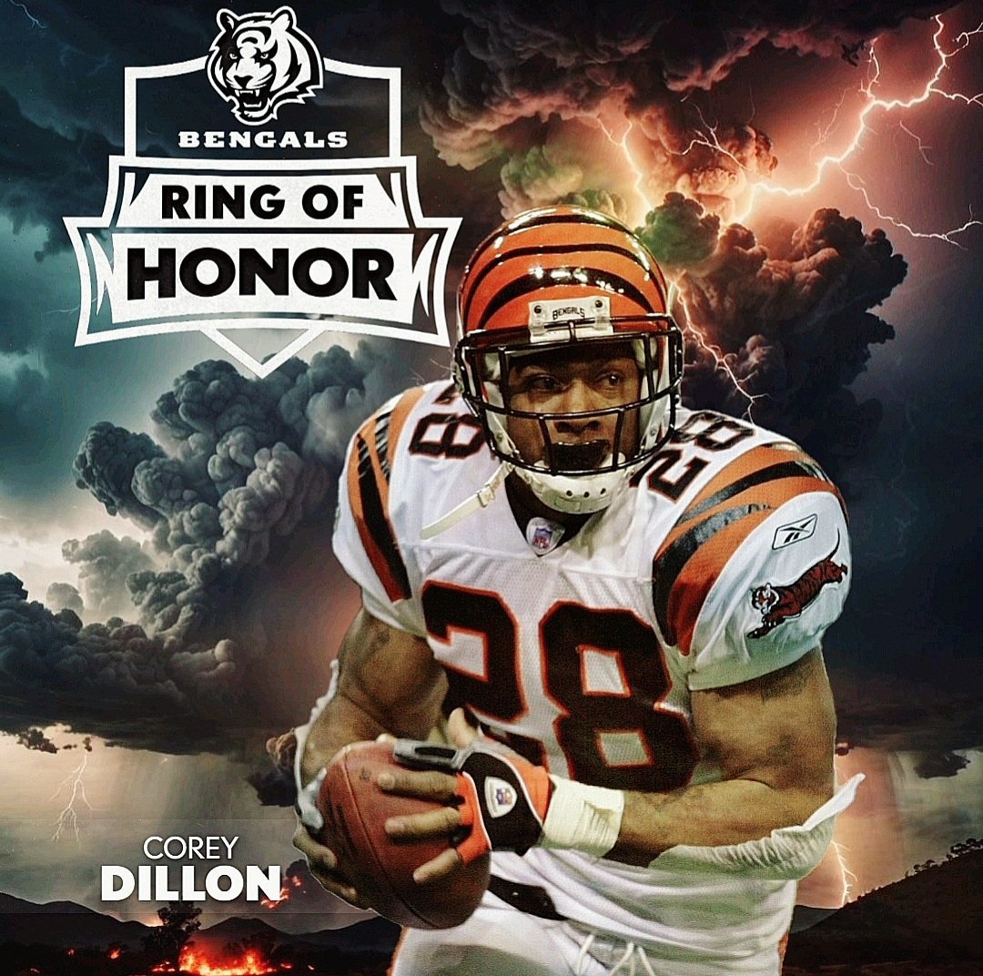 Bl33dOrange's tweet photo. Corey Dillon in the Bengals ROH 24'. Well deserved for our 🐐 I ordered this shirt a few weeks ago. 👏 🔥 Our fans are goated. Big congratulations to Dillon and Krumrie. https://t.co/EMKF3otUAS