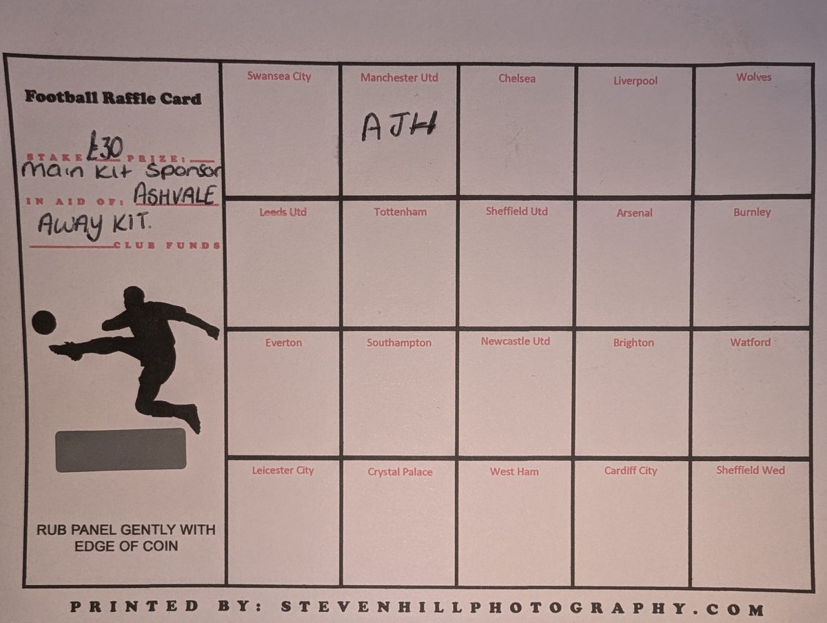 We  are selling a scratchcard of football teams for £30 a team to help us fund our new new kit. The winning slot will be the club's main away kit sponsor and have their chosen logo/name across the front of the kit plus there will be 3 runner up selections which will go on aswell.