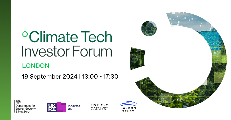 thecarbontrust's tweet photo. Calling all climate tech investors with an active interest in UK innovators!

Join us at the next Climate Tech Investor Forum 2024
📍King’s Place, London
📆19 Sep

Hear pitches from, and connect with, climate tech innovators across UK government technology innovation priorities.