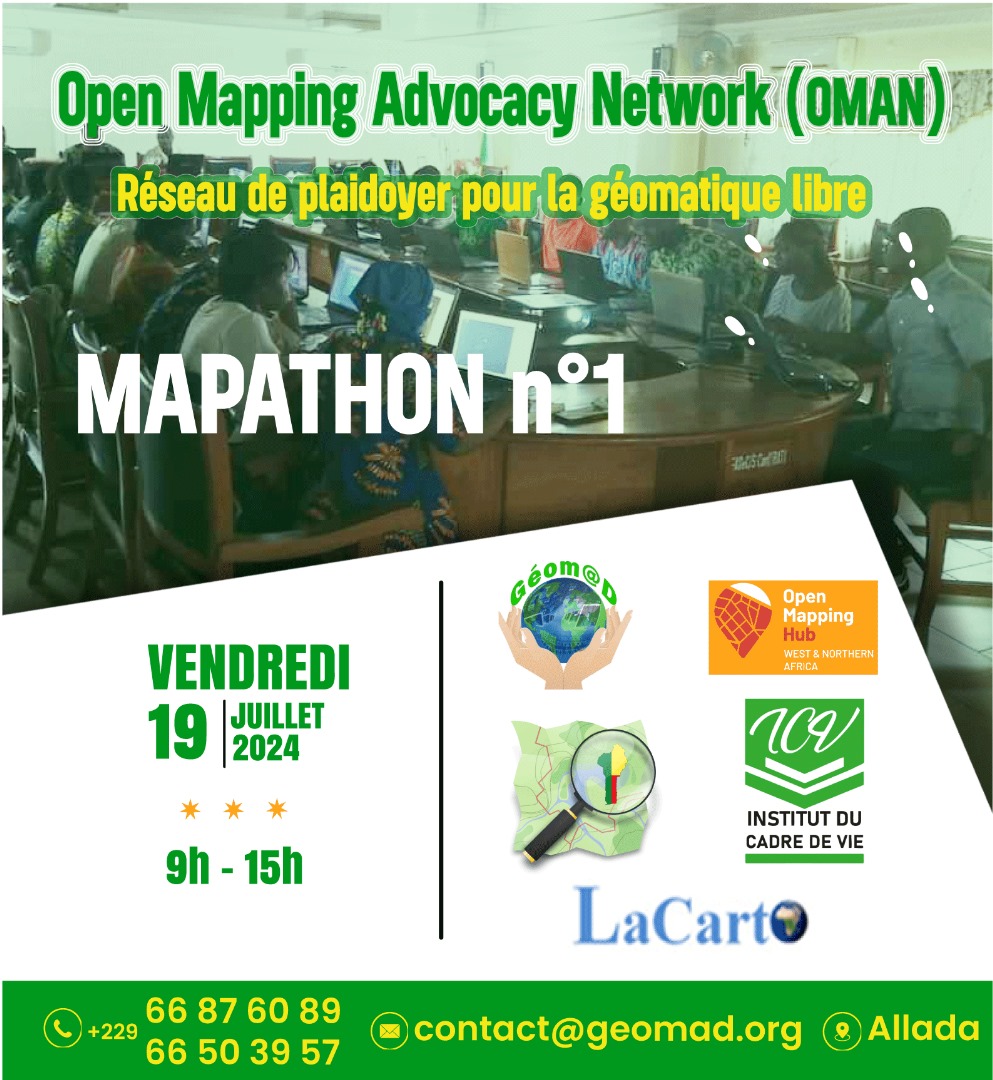 PROJET #OMAN : #MAPATHON N°1

Rejoignez-nous pour la première Mapathon du Projet #OMAN. Ce mapathon permettra a produit des données géographiques spatiale libre sur la ville de Allada
LIEN DU PROJET A CARTOGRAPHIÉ : tasks.hotosm.org/projects/16849 
DATE ET HEURE : 19-07-2024 de 9h à 15h