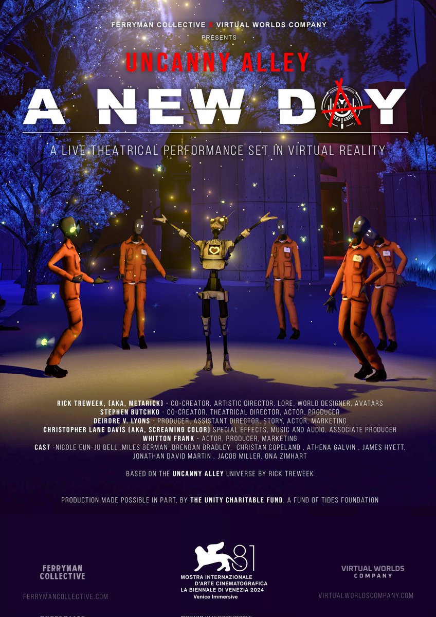 Uncanny Alley: A New Day will have its World Premiere at the 81st Venice International Film Festival this Aug. A live theatrical performance set in virtual reality. A collaboration with <a href="/Ferryman_VR/">Ferryman Collective</a> set in <a href="/AlleyUncanny/">| Uncanny Alley |</a> 🤖🍕⚔️ #virtualreality #immersivetheatre #veniceimmersive