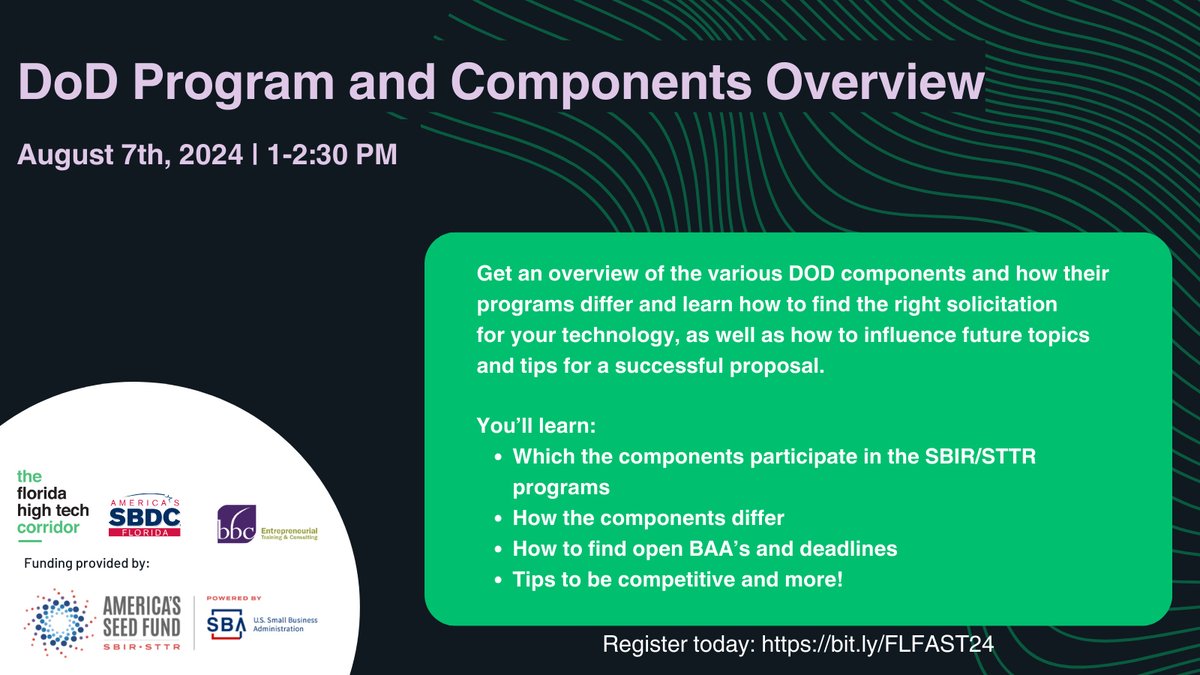 Upcoming Webinar Alert! August 7th from 1 to 2:30 PM because FL FAST is hosting a must-attend webinar on DoD Program &amp; Components Overview.

RSVP Here: us02web.zoom.us/webinar/regist…