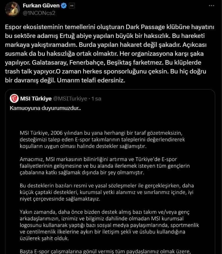 Dark Passage Esports'un Beşiktaş Esports'u 8-0 yenmesinin ardından yaptığı trashtalk paylaşımına gelen tepkiler sonucunda <a href="/MSITurkiye/">MSI Türkiye</a>  sponsorluğunun çekilmesi gündemde. 

Espor topluluğu bu haksız durum karşısında tepkili
