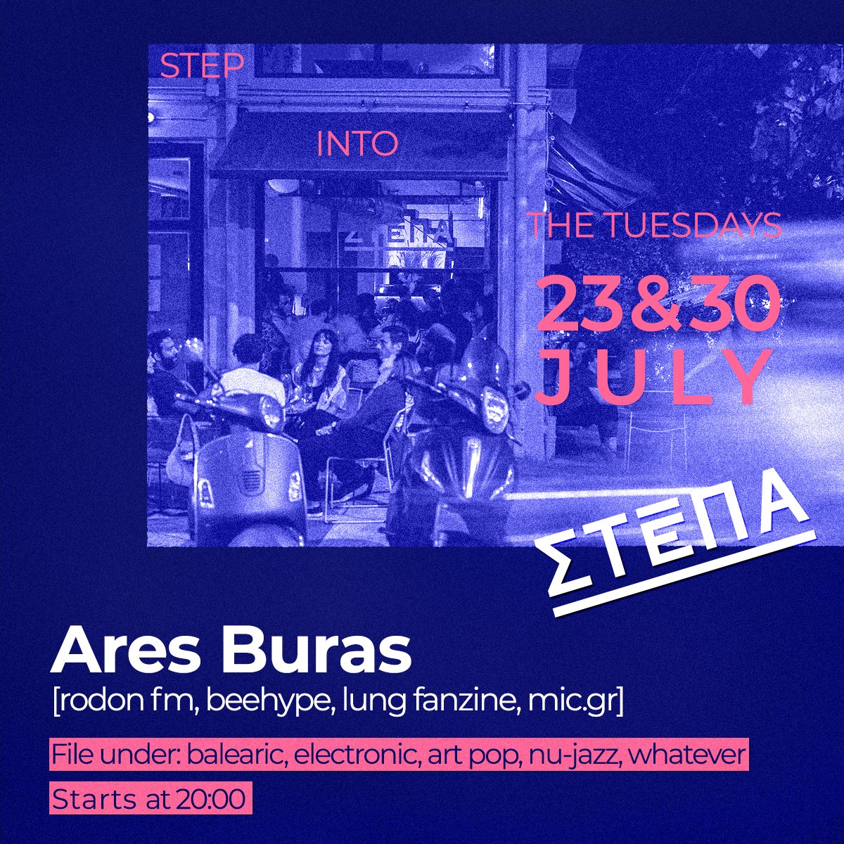 aresburas's tweet photo. DJing at this wonderful new place in Athens on the following Tuesdays in July. Step into the groove!

#stepa #athens #djsets https://t.co/iainRe7FeU