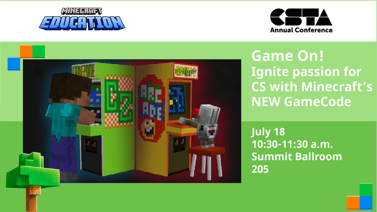 PlayCraftLearn's tweet photo. 🎉 #CSTA24 attendees! Don’t miss this session on Minecraft Education’s new GameCode curriculum, where game design meets #coding class in the blocky world of Minecraft!

🗓️Mark your calendar: https://t.co/UrzKhowY6V

#MinecraftEdu https://t.co/EFXTxCqgYD