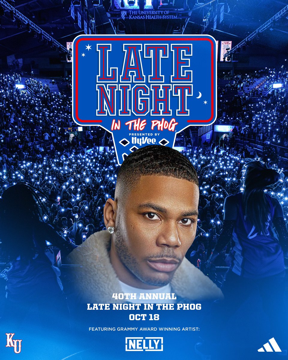 This is not just a dream… 💭

We’re excited to announce Nelly as the headliner for the 40th Annual Late Night in the Phog presented by Hyvee on October 18th!

More Info: bit.ly/3zPLC8g

#RockChalk | <a href="/HyVee/">Hy-Vee</a>