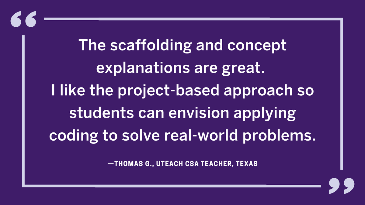 UTeachCS's tweet photo. Why do teachers choose the #ProjectBased UTeach CS curriculum?
"I like the project-based approach so students can envision applying coding to solve real-world problems."
Stop by booth 113 at #CSTA2024 or explore for yourself at https://t.co/D9n1DGrkPN
#CSforALL #APCSP #APCSA https://t.co/S0dKS0kkXK