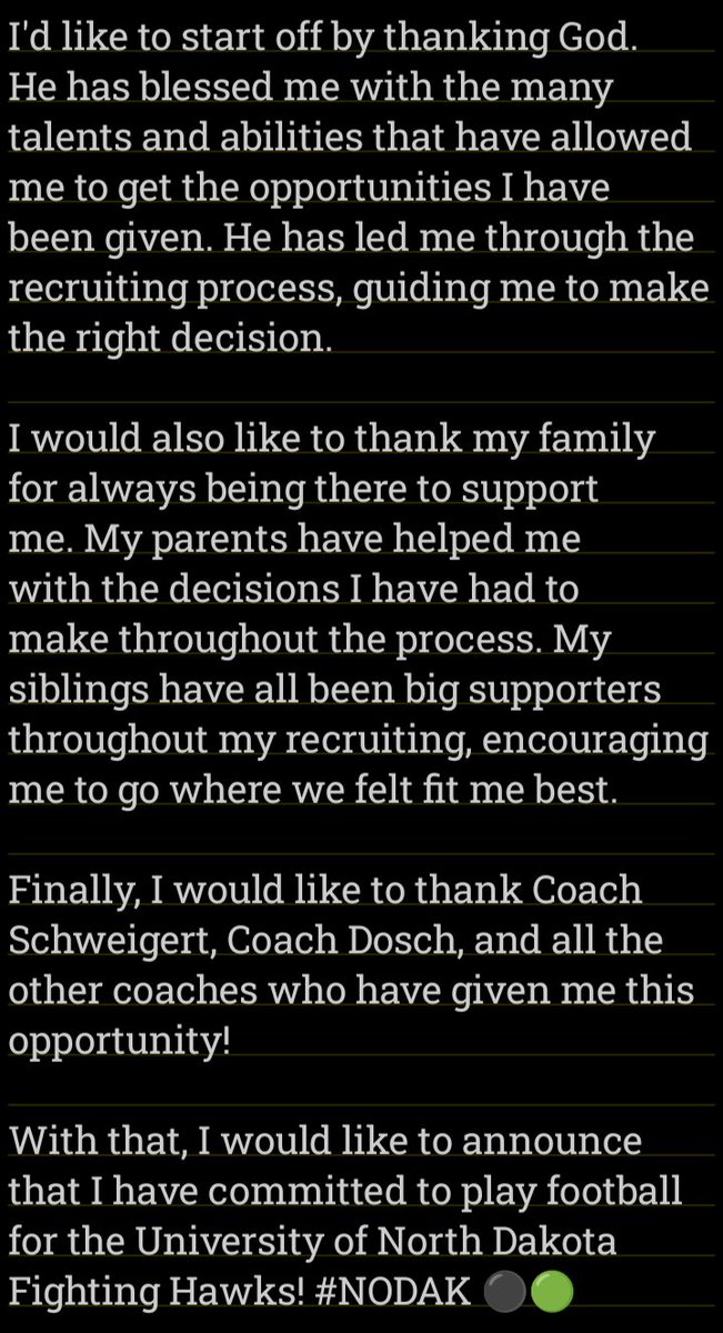 2ganderson2025's tweet photo. After a great visit and talk with @BubbaSchweigert, I am blessed to announce that I have committed to the University of North Dakota! 🟢⚫ @CoachTomDosch @UNDfootball @BlackhawksFB @HintonSchool @CoachSchrenk @KLEMSports @6starfootballIA  @PrepRedzoneIA @NWahlScouting https://t.co/bXBdaDDEDd