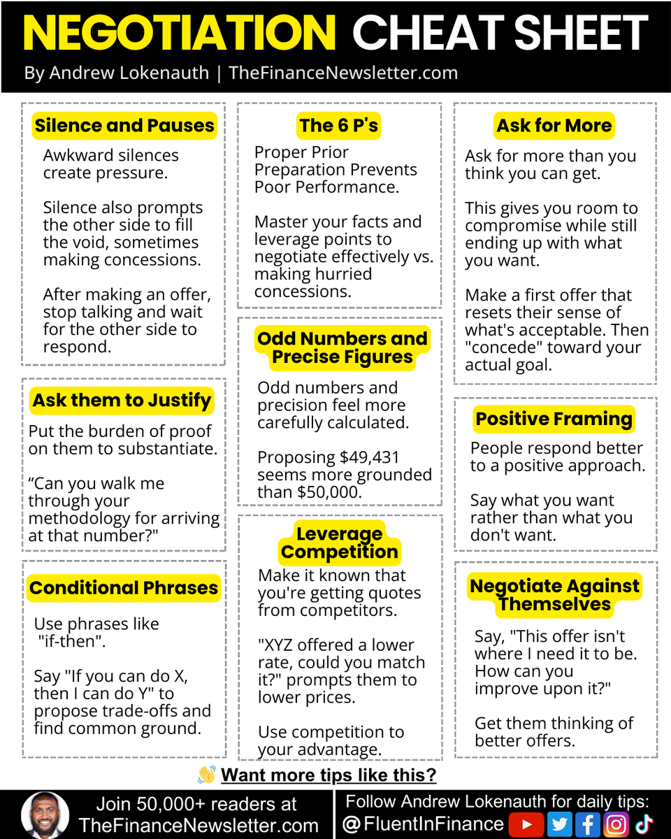 FluentInFinance's tweet image. 9 negotiation secrets so valuable they feel illegal to know: