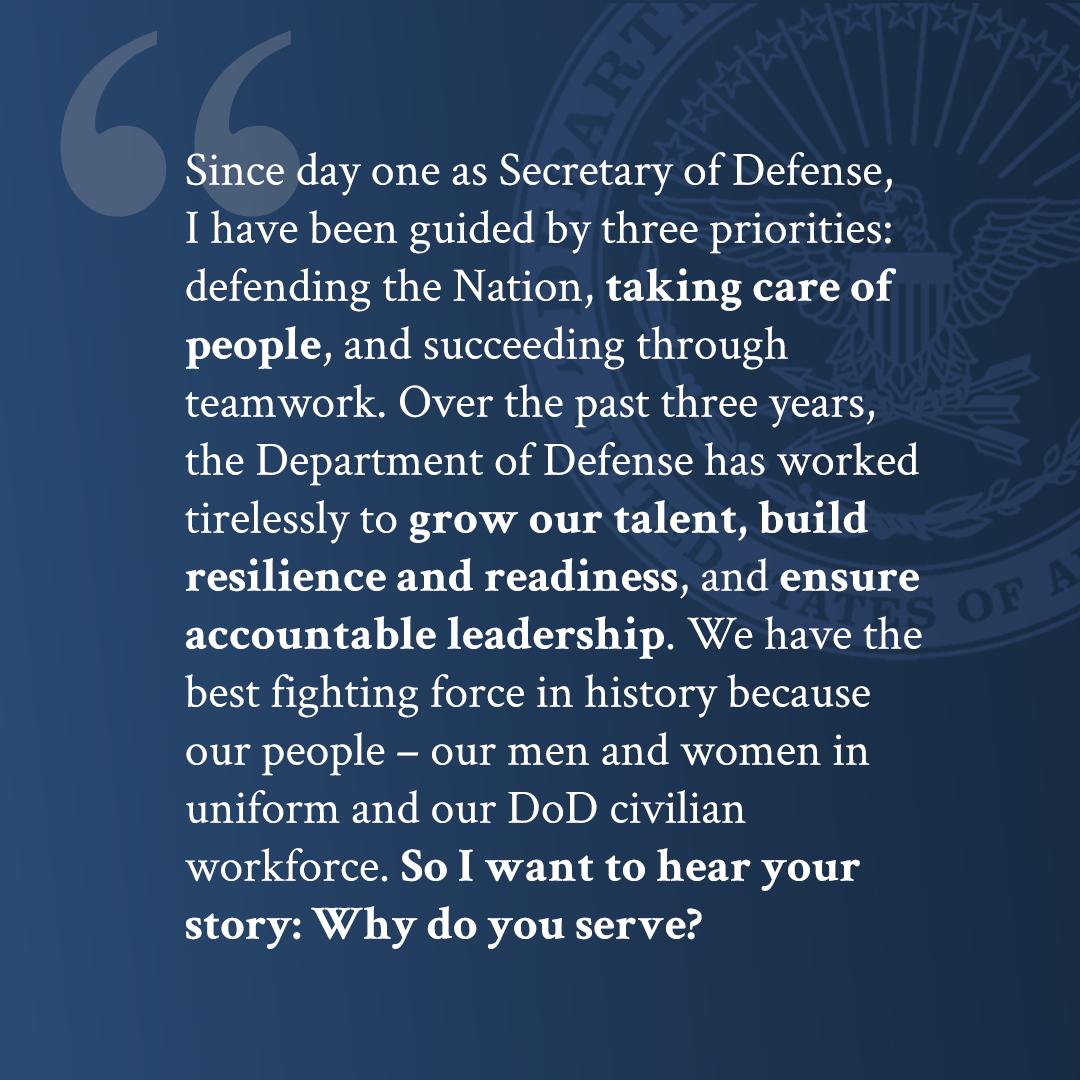 SecDefAustin's tweet photo. Service deepens our democracy and brings us closer to the full promise of America's founding.

You've heard from me about #WhyIServe, but I want to hear from you.

Share your story and tell us: why do you serve? https://t.co/hWf0IR1dQN