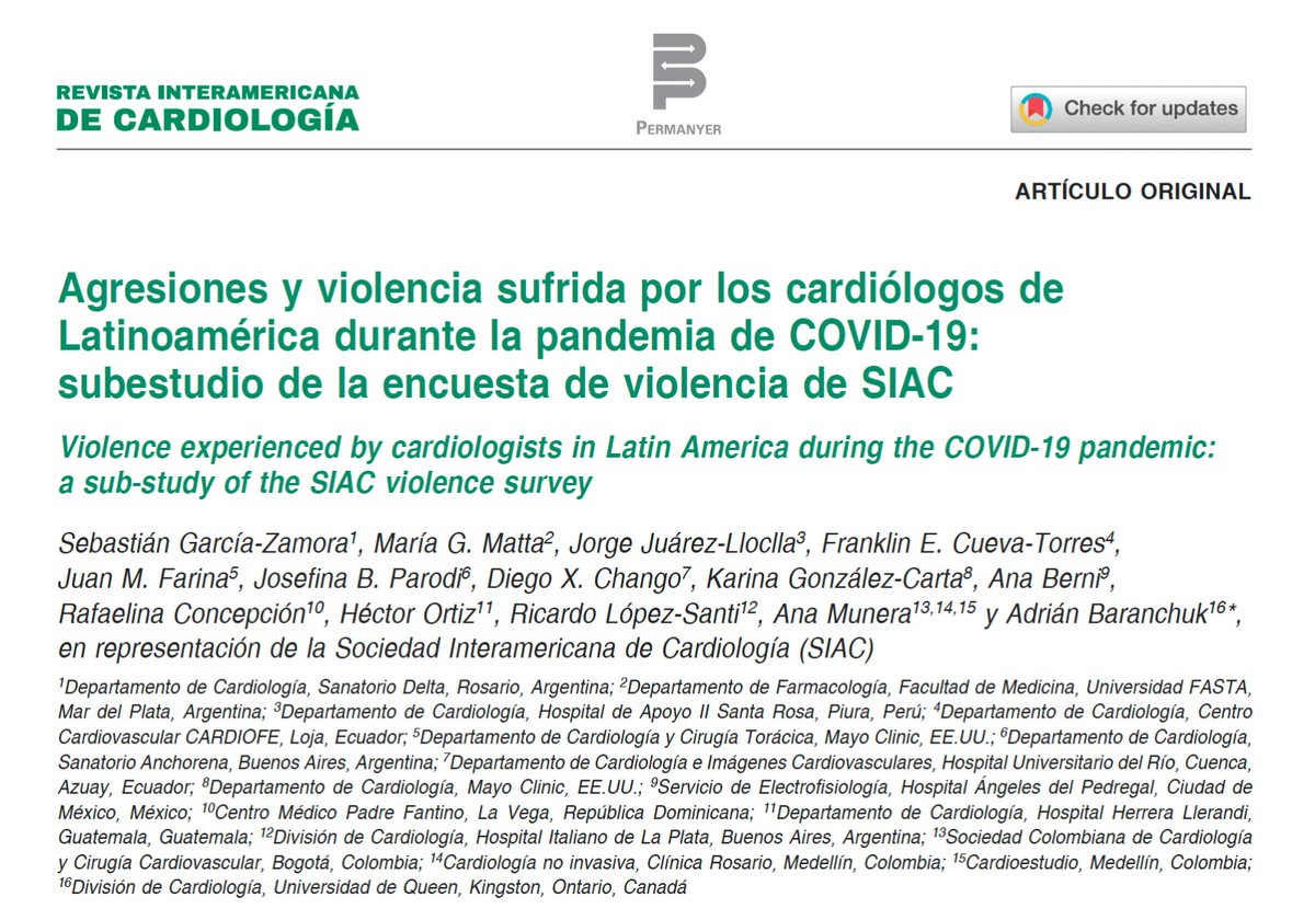 SIAC_cardio's tweet photo. 🩺Agresiones y violencia sufrida por cardiólogos en Latinoamérica durante la pandemia de COVID-19: un subestudio de la encuesta de violencia de la SIAC.

📉En esta investigación, que incluyó a más de 3500 profesionales de la salud, entre ellos más de 700 cardiólogos, se identificaron altas tasas de violencia durante la pandemia de COVID-19, aunque con menor frecuencia en los cardiólogos.