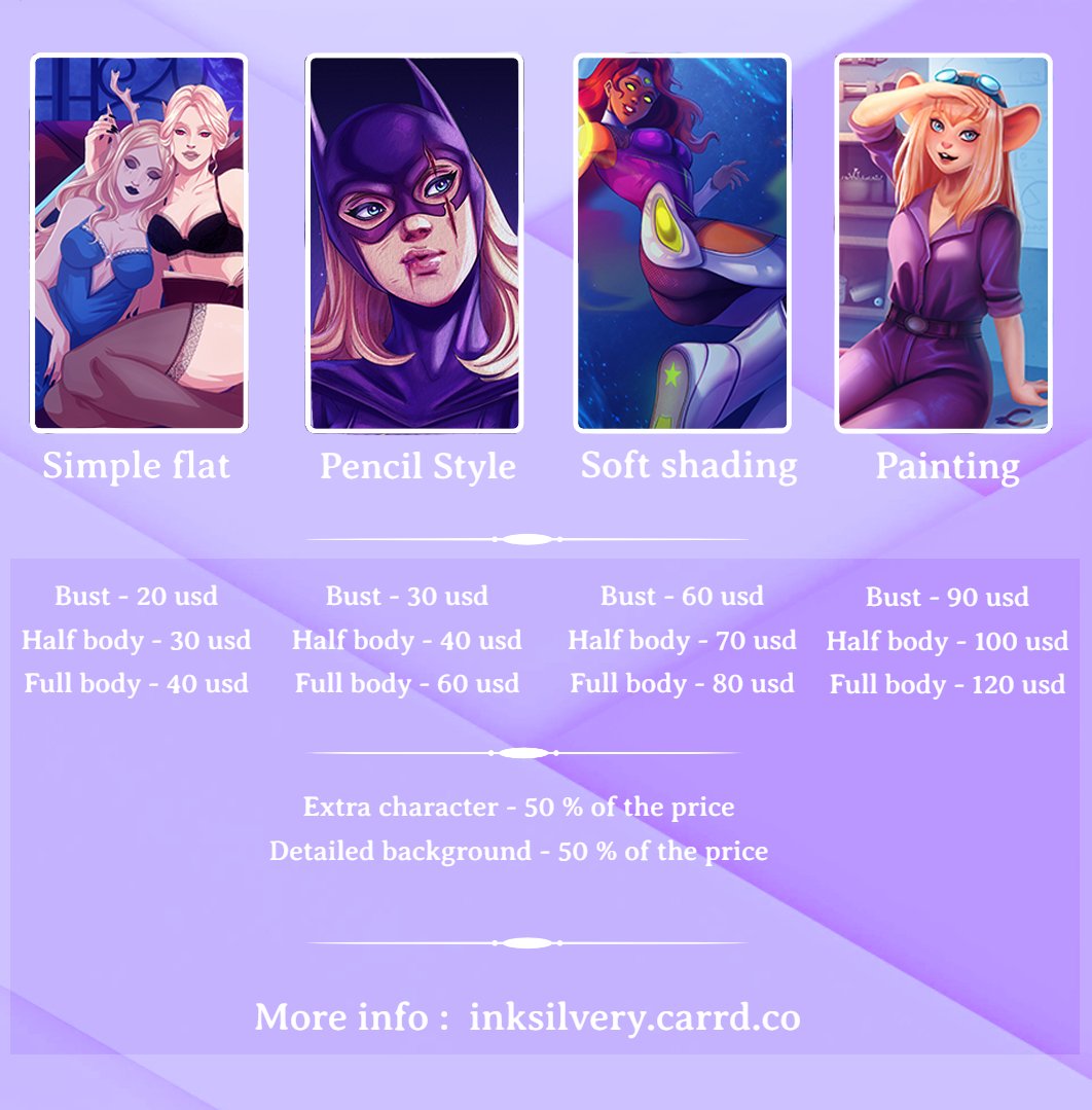 InkSilvery's tweet image. Re-freshed my price-list 💜
Any support appreciated!
More info inksilvery.carrd.co
#CommissionSheet #Commission