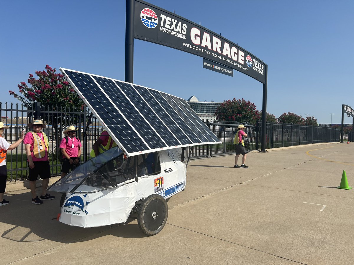 dageiter's tweet photo. Prosper Solar Car @ProsperEngTeam finished their race. On the last day we were 2nd for the day and 4th overall, 572 miles. Last day was overcast requiring smart planning. The last lap was 35mph. We ran out of power before pit lane for near 100% usage! @prosperCTE @ProsperISD https://t.co/0CzX8GBHOm