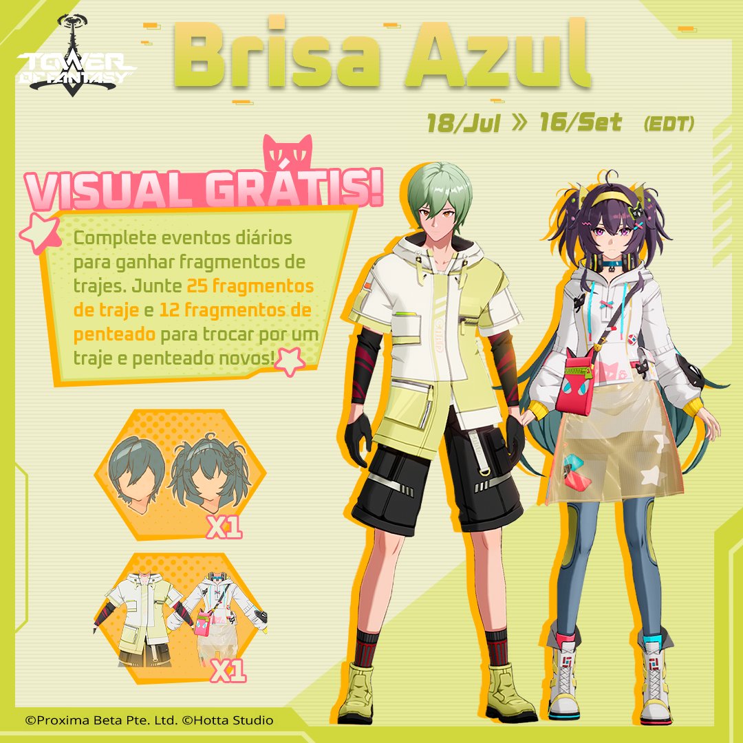 #TowerofFantasy ⚔ Brisa Azul

▶ Período do evento: 23:00, 18 de jul. ~ 22:00, 16 de set. (EDT)

▽ Participe do evento para ganhar um traje gratuito e um novo penteado!

Complete missões diárias durante o evento para ganhar fragmentos. Colete fragmentos suficientes para trocar!