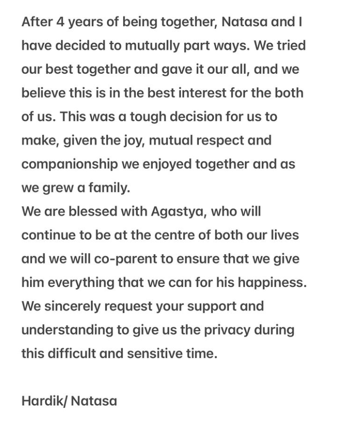 IN_Cricks's tweet photo. Indian All Rounder Hardik Pandya announces divorce with ex-wife Natasha🤯🤯 https://t.co/vZ5H0fte8q
