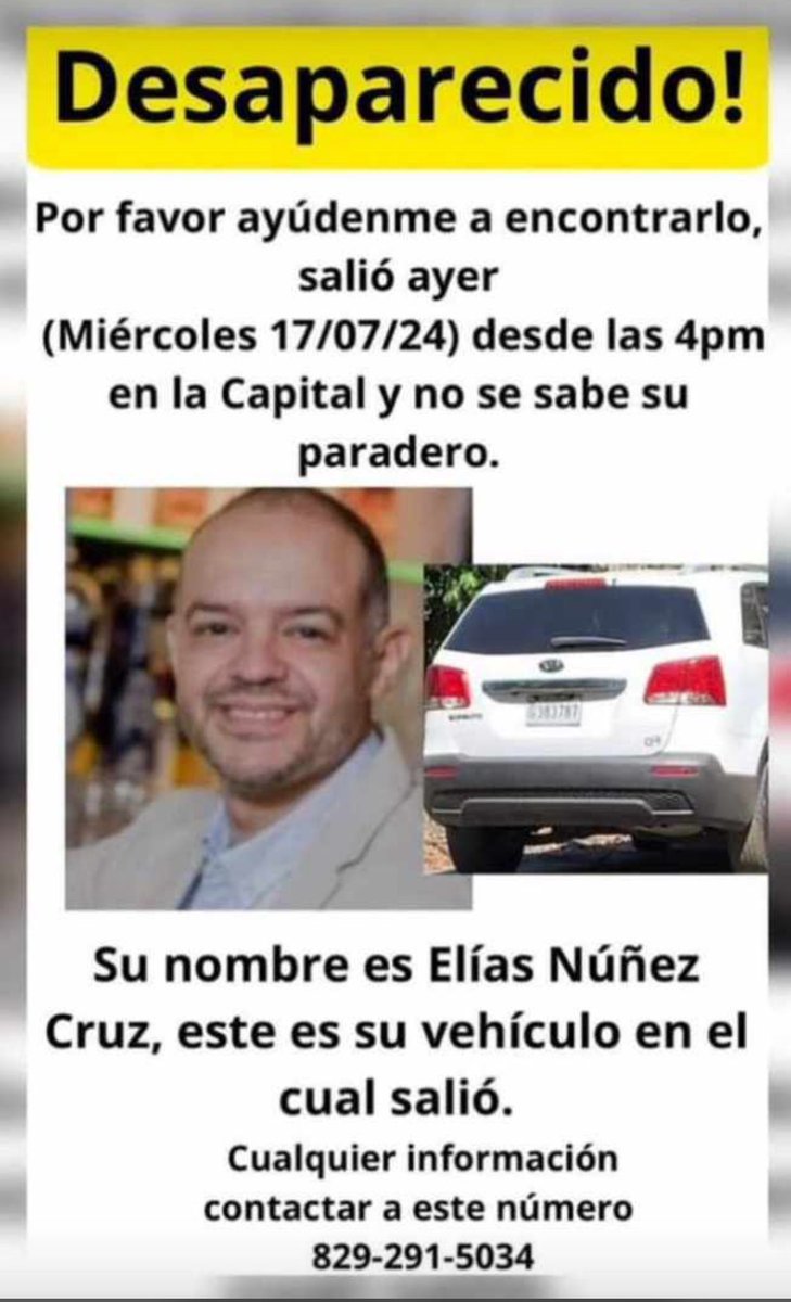 Desaparecido:

Elías Núñez Cruz Por favor ayuda a encontrarlo. Estás desaparecido desde ayer miércoles 4pm.

<a href="/DesaparecidosR/">DesaparecidosRD</a> <a href="/pesqueiradiego/">Diego Pesqueira</a>