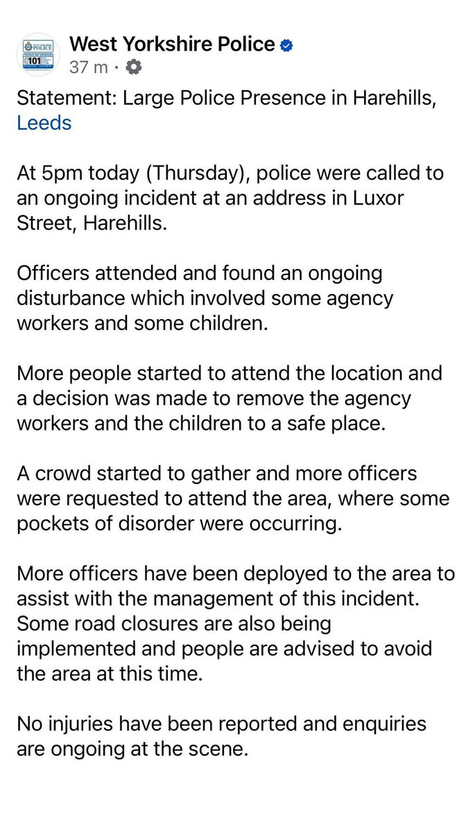 harehills111's tweet photo. West Yorkshire Police statement released and thankfully there are no reports of any injuries and the event that started this was disturbance which involved some agency workers and some children, please remain at home while the situation is being managed. #Harehills. https://t.co/xbMYwCKEsA